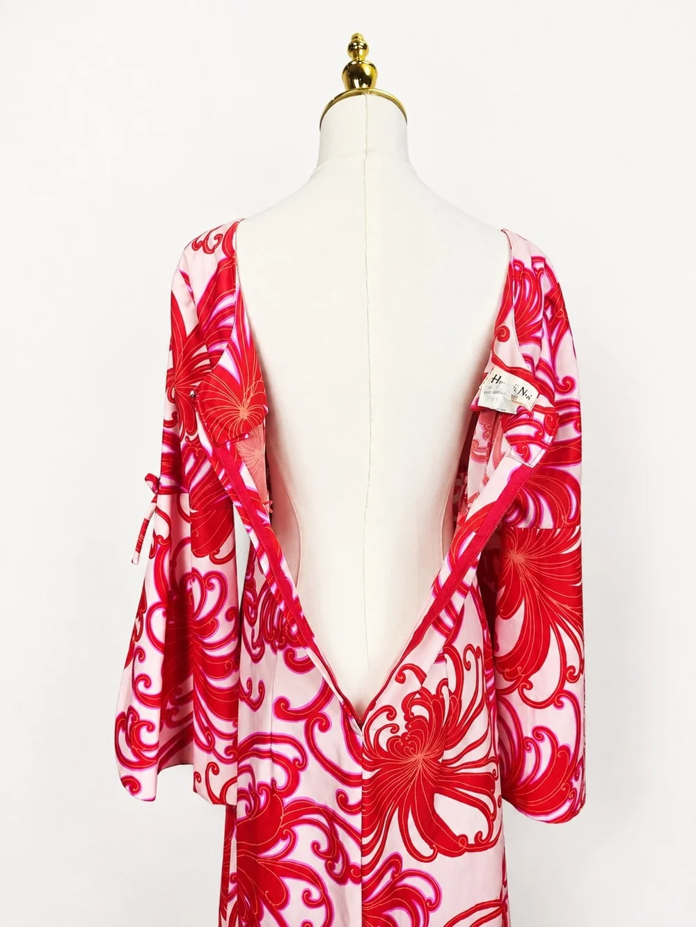 Vintage 60s Hawaii Nei Honolulu Psychedelic Bell Sleeve Maxi Dress Pink Sz 10 - Picture 6 of 12